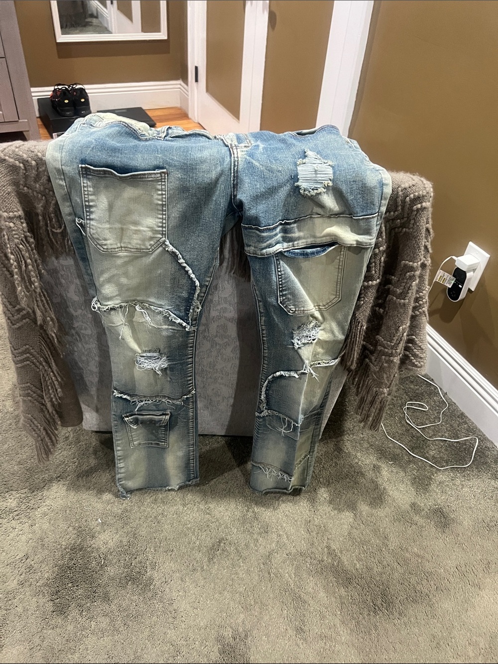 Fashion Nova Distressed Light Blue Patchwork Men’s Jeans 38x34 or 32